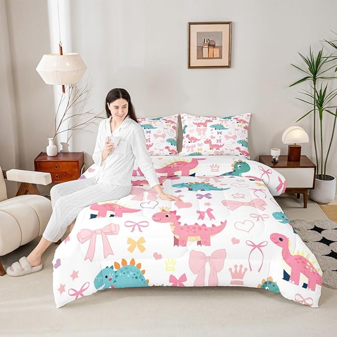 Cute Dino Full Size Comforter Set,Kawaii Bowknot Heart Princess Style Reversible Bedding Set Bedroom Collection,Pink Blue Dinosaur Cartoon Animal Soft Quilted Duvet for Girls Teens