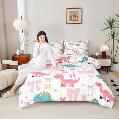 Cute Dino Full Size Comforter Set,Kawaii Bowknot Heart Princess Style Reversible Bedding Set Bedroom Collection,Pink Blue Dinosaur Cartoon Animal Soft Quilted Duvet for Girls Teens