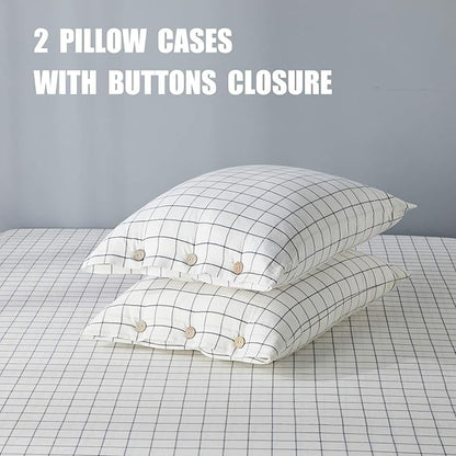 JELLYMONI Cotton Duvet Cover Full Size - White Grid Plaid Comforter Cover with Button 100% Washed Cotton 3PCS Breathable Soft Bedding Set Duvet Cover 80×90in & 2 Pillowcases (NO Comforter)