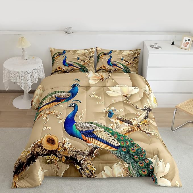 Feelyou Peacock Comforter Peacock with Floral Bedding Set for Kids Adults Girls Animals Comforter Set Botanical Quilt Set 1 Comforter Set with 2 Pillowcases Full Size