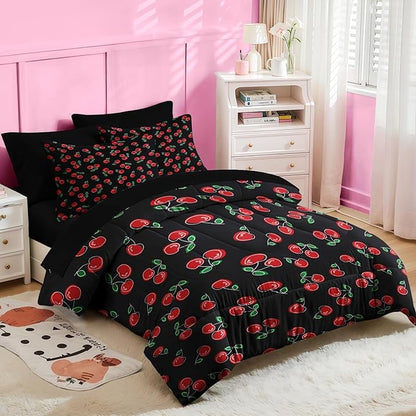 Nesker 5 Pcs Comforter Set Twin Size, Retro Red Black Bedding for Kids Teen, Cherry Fruit Bed Sheet with Pillowcase & Sham