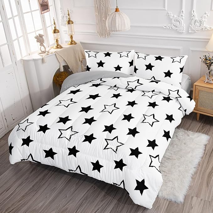 Axolotl Kids King Bedding Comforter Set,3Pcs Cute Black and White Stars Quilt Set for Kids,Geometric Stars Bedding with 1 Comforter 2 Pillowcases for Boys Girls Teens Adults Room Decor All Season