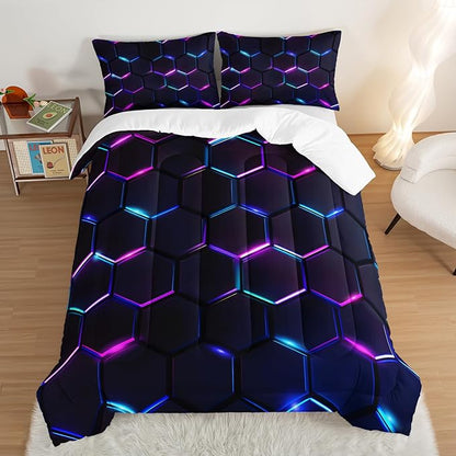 Hexagon Geometric Comforter Honeycomb Bedding Sets,Gradient Neon Gamer Comforter Sets for Boys Kids Teens Room Decor,Full Size Bedding Comforter Sets with 2 Pillowcases.