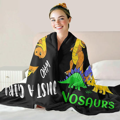 Dino Lover Blanket, Just A Girl Who Loves Dinosaurs Blanket, Soft Warm Cozy Fleece Throw, Gifts for Girls Women Kids, 40"x50", Black