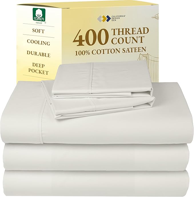 California Design Den Split King Sheets Sets for Adjustable Bed - Soft 400 Thread Count Sateen, Natural 100% Cotton Sheets, Deep Pockets, Breathable, & Durable Bedding Set - Ivory (Pale Tone)
