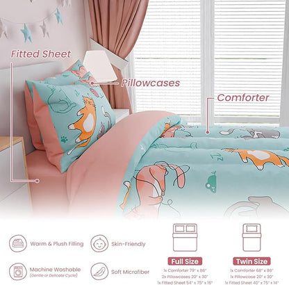 SANDJEST Cat Comforter Set Twin for Girls, Ultra Soft Microfiber Bedding Sets with 3-Pieces, Cats Comforters Bed Sets for Kids Children Girl Bedroom Decor