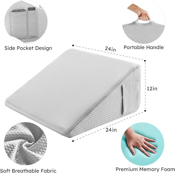 Bedluxe Wedge Pillow, 12 inch Bed Wedge Pillow for Headboard, Pillow Wedge for Acid Reflux Relief, Sleeping, After Surgery, Snoring, Gerd, Triangle Pillow Wedge - Cooling Memory Foam Top, Light Grey