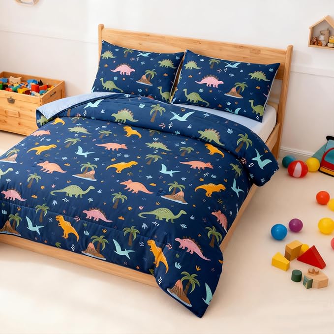 Peopleareok Dinosaur Comforter Set Twin (68x86 Inch), 2 Pieces Dark Blue Dinosaur Bedding Set for Boys Teens, Super Soft Lightweight Dinosaurs Print Comforter Sets for All Seasons