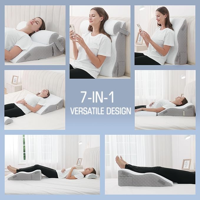 2PCS Bed Wedge Pillow for Sleeping, 7-in-1 Adjustable Memory Foam Wedge Pillow for Acid Reflux, 2-in-1 Incline Wedge Pillow for After Surgery, Snoring, Back Pain