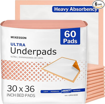 McKesson Underpads Disposable Bed Pads 30" x 36" [60 Count], Heavy Absorbency, Ultra Incontinence Chux Pads for Adults, Elderly, and Baby, Pee Pads
