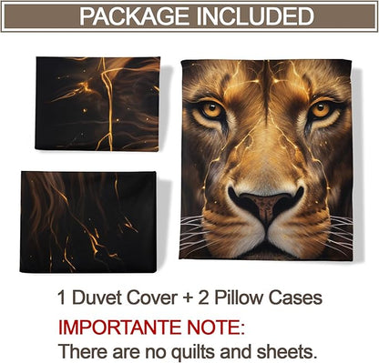 Lion Duvet Cover King Size, Trippy Golden Lion Bedding Set 3 Piece Bedroom Decor Modern Wild Animal Patterned Comforter Cover with Zipper Ties & 2 Pillowcases
