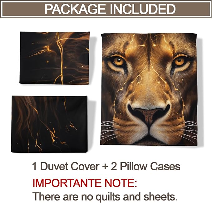 Lion Duvet Cover Queen Size, Trippy Golden Lion Bedding Set 3 Piece Bedroom Decor Modern Wild Animal Patterned Comforter Cover with Zipper Ties & 2 Pillowcases