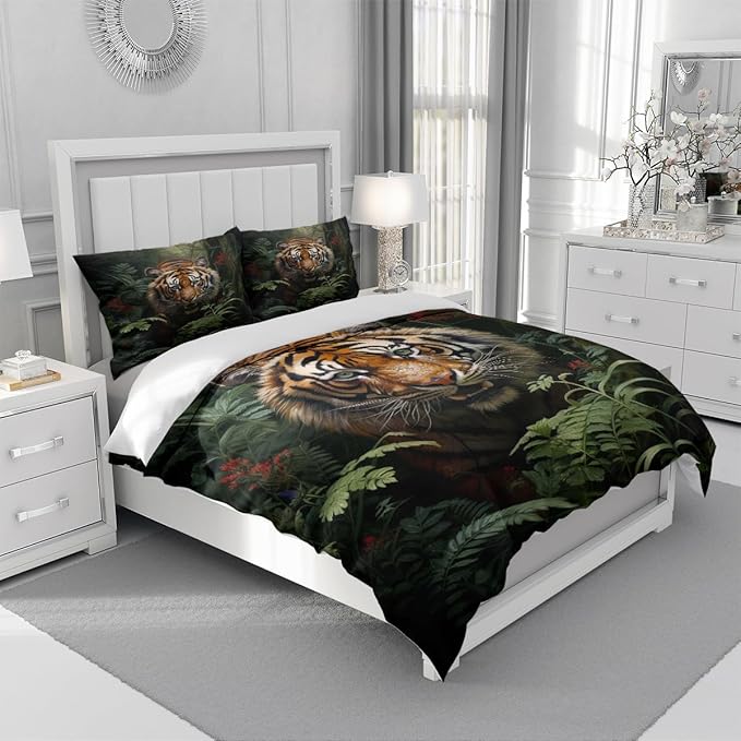 Tiger Bed Duvet Cover Sets Queen Size with 2 Pillowcases for Kids Boys Teens Adult Bedroom Decor, Animal Petal Country Bedding Decor