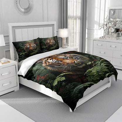 Tiger Bed Duvet Cover Sets Queen Size with 2 Pillowcases for Kids Boys Teens Adult Bedroom Decor, Animal Petal Country Bedding Decor