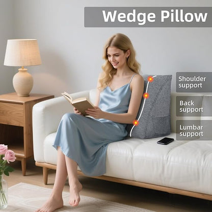 Wedge Headboard Reading Pillow for Bed Linen Triangular Backrest Bolster Pillow for Sitting Up Daybed Cushion Lumbar Body Support Positioning for Headboard, Couch, Dorm, Darkgrey