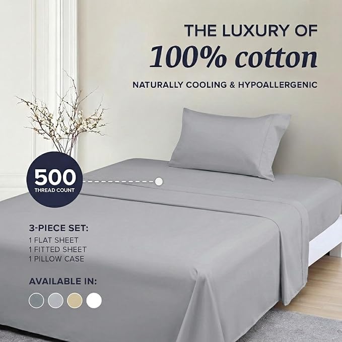 Beckham Hotel Collection Twin Sheet Set 100% Cotton, 500TC Luxury Sateen Bedding, 16” Deep Pocket, Moisture-Wicking, 3-Piece, Dark Gray