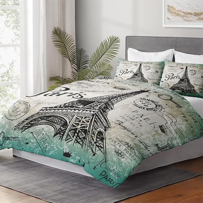 Twin Size Comforter Set with Pillowcase, Vintage Eiffel Tower Soft 2 Pcs Bedding for Kids and Adults, Paris Summer Comforter Set for Room Bedroom Bed Decor
