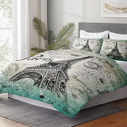 Queen Size Comforter Set with 2 Pillowcase, Vintage Eiffel Tower Soft 3 Pcs Bedding for Kids and Adults, Paris Summer Comforter Set for Room Bedroom Bed Decor