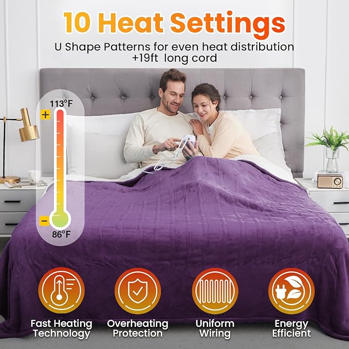 WOOMER Electric Heated Blanket Twin Size, Soft Flannel Fast Heating Blanket, Purple Color, 62"x 84", 10 Heating Levels & 0.5-12H Auto Off, Over-Heat Protection