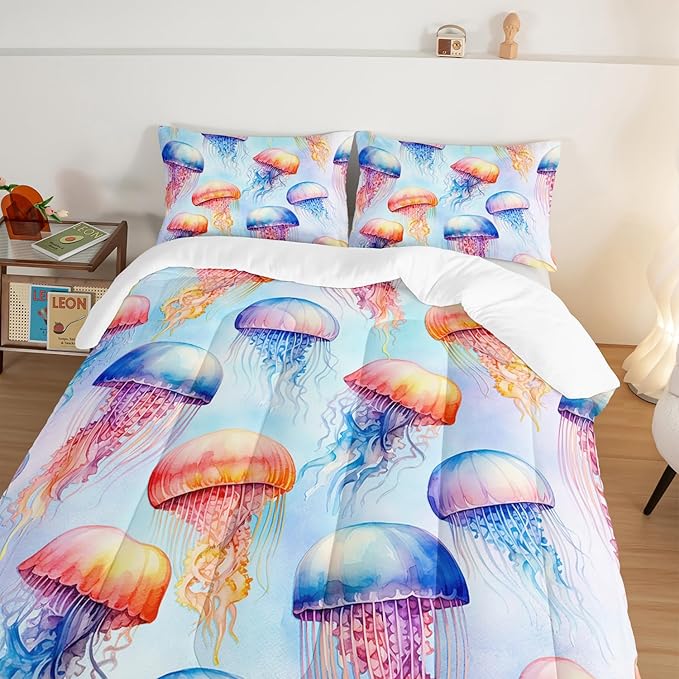 HOSIMA Jellyfish Pattern Comforter Sets Full Size,Fantasy Marine life Bedding Set,Watercolor Ocean Animals Comforter Sets for Kids Boys Girls Room Decor with 2 Pillowcases.