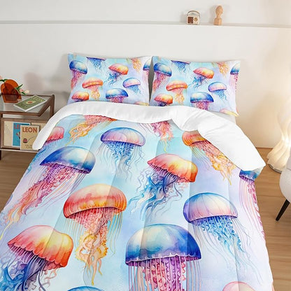 HOSIMA Jellyfish Pattern Comforter Sets Queen Size,Fantasy Marine life Bedding Set,Watercolor Ocean Animals Comforter Sets for Kids Boys Girls Room Decor with 2 Pillowcases.