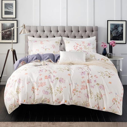 Queen Floral Duvet Cover 100% Soft Cotton 3 Pieces Flower Bedding Set for Girls Women Chic Garden Style Luxury Purple Floral Pattern Printed Floral Queen Duvet Cover with Zipper Closure