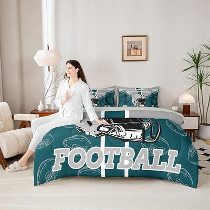 Feelyou Football Comforter Set with Sheets 7 Piece Full Size Ball Games Bedding Set for Kids Boys Girls Rugby Bed in a Bag City of Footballs Room Decor Rugby Sports