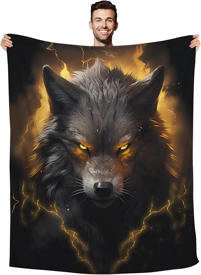 Huke Wolf Gifts Blanket, Black Gold Fire Lightning Wolf Throw Blankets,Wolf Gifts for Men Women Kids, Unique Wolf Gifts for Wolf Lovers, Wolf Gifts for Boys Girls, Cool Wolf Decor,60"X50"