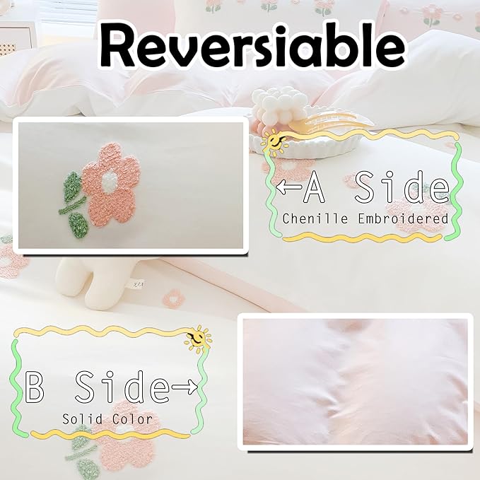 MorroMorn Cotton Duvet Cover Queen Size, 3D Embroidery Floral Bedding Sets, Fluffy Chenille Embroidered Comforter Covers Breathable Sweat-Absorbent for Girls Kids Teen (Flowers White, Full/Queen)