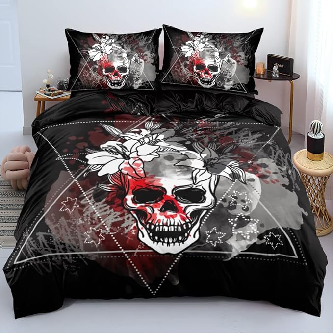Skull Print Duvet Cover Set Full Gothic Skull Comforter Covers Edgy Skeleton Bedding Dark Skull Bedroom Decor