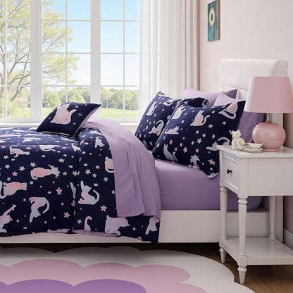 Twin Comforter Set for Girls -3 Pieces Cute Cat Twin XL Bedding Set with 1 Comforter, 1 Decor Pillow, 1 Pillow Sham