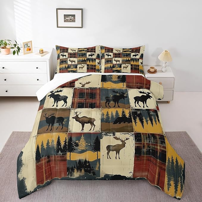 Feelyou Deer Comforter Set Toddler Size Wild Life Comforter for Boys Girls Teens Forest Bedding Set Grid Duvet Set Room Decor Rust Red Quilt Set