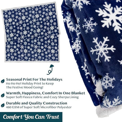 PAVILIA Blue Snowflake Christmas Sherpa Throw Blanket, Reversible Fleece Sherpa Cozy Holiday Blanket 50x60, Soft Winter Throw for Couch & Bed, Plush Cozy Warm
