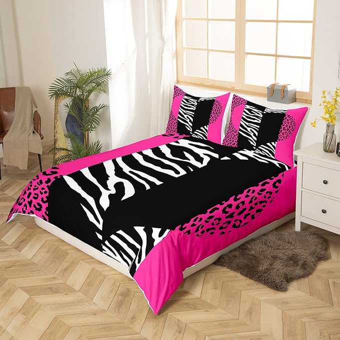 Pink Leopard Duvet Cover Twin Size Girls Cute Zebra Heart Bedding Set 2pcs Geometric Patchwork Stripes Comforter Cover for Women Teens Room Decor Romantic Wild Animals Fur Quilt Cover,1 Pillowcase