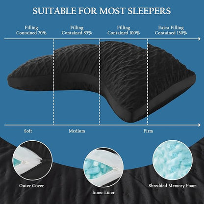 Side Sleeper Pillows for Adults, Adjustable Shredded Memory Foam Bed Pillows for Neck and Shoulder Pain, Standard Black Cooling Curved Pillows with Washable Cover & Extra Foam Bag