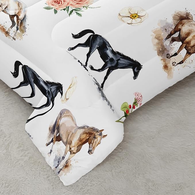 Horse Comforter Bedding Set for Boys Girls Kids Teens, Watercolor Painting Horse and Flowers Print Bedding Set Full Size