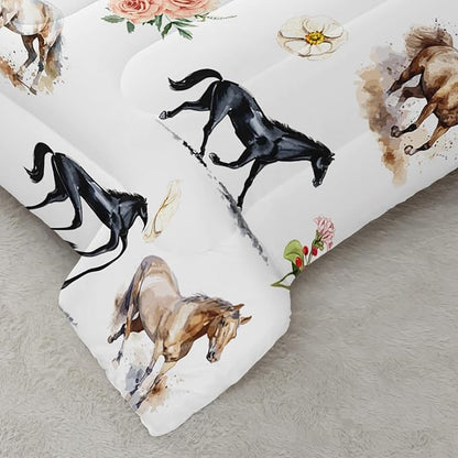 Horse Comforter Bedding Set for Boys Girls Kids Teens, Watercolor Painting Horse and Flowers Print Bedding Set Twin Size