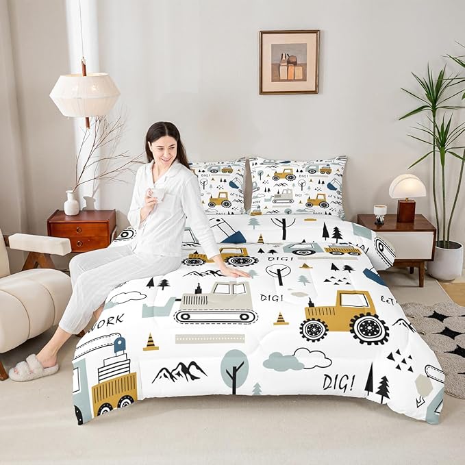 Feelyou Cartoon Car Kids Comforter Set Construction Bedding Set for Boys Toddler Decor Equipment Trucks Comforter Cartoon Car Excavator Tractor White Yellow Duvet Set 2Pcs Twin with 1 Pillow Case