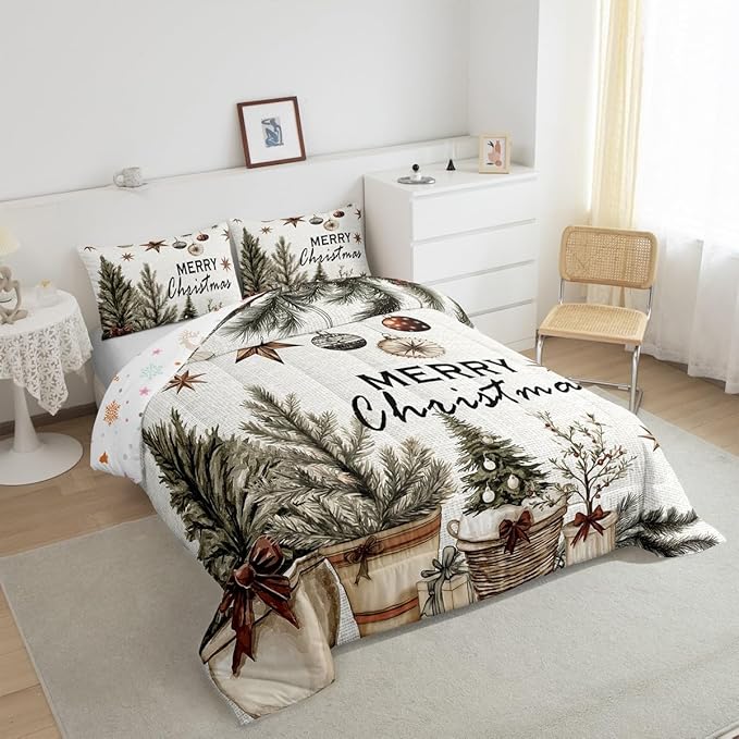 Erosebridal Christmas Tree Comforter Set for Kids Boys Girls,Merry Christmas Bedding Set,Winter Xmas Holiday Down Comforter,Happy New Year Reversible Bed Set with 1 Pillowcase Warm,Twin