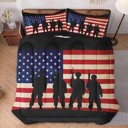 Twin Size Comforter Set with Pillowcase, Vintage Military Retro Soft 2 Pcs Bedding for Kids and Adults, Patriotic Army Memorial Comforter Set for Room Bedroom Bed Decor