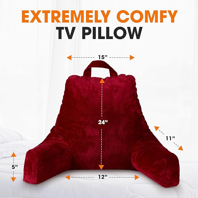 Cheer Collection Reading Pillow with Arms – Portable Bed Pillow for Sitting Up & Support, Foam-Filled Back Rest Pillow for Sitting in Bed & Couch, Machine Washable Maroon (Large)