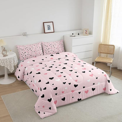 Feelyou Heart Bedding Set Full Size Love Comforter Set for Kids Boys Girls Decor Kawaii Comforter Microfiber Pink Duvet Set
