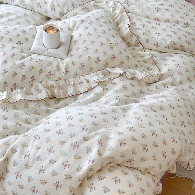 BuLuTu Azalea Floral Print Duvet Cover King Size, Chic Shabby Bedding Set 3 Pieces, Cotton Muslin Comforter Cover with Ruffles, Soft Lightweight Quilt Cover King, All Seasons
