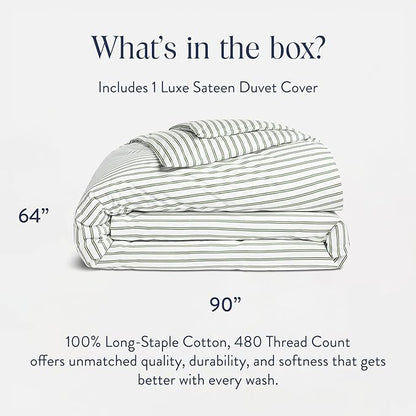 Brooklinen Luxury Sateen Duvet Cover - 100% Cotton, Twin/Twin XL Size in Green Tandem Stripe with Extra-Long Corner Ties and Button Closure - Best Twin/Twin XL Duvet Covers