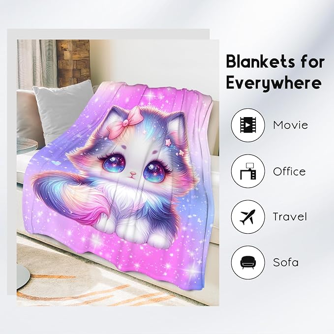 Girls Blanket - Cat Themed Gifts for Kids Adults - Plush Cozy Cute Blanket Throws with Cat(60"x80")