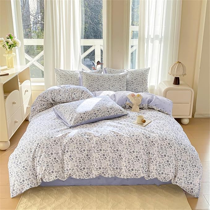 Purple Floral Duvet Cover Queen Size Botanical Aesthetic Garden Style Bedding Set with Yellow Flower 3 Pcs Kids Boys Girls Women Soft Breathable Reversible Comforter Cover