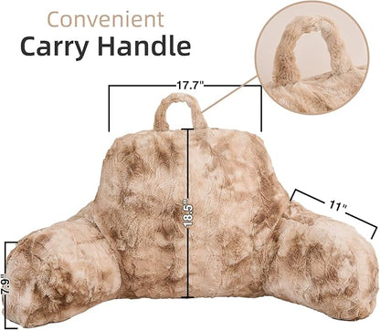 A Nice Night Faux Fur Soft Reading Pillow Bed Wedge Adult Backrest with Arms Back Support for Sitting Up in Bed/Couch for Bedrest, Tie Dyed Khaki