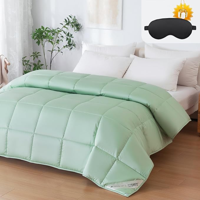 YOUR MOON Luxurious All Season Wool Comforter King Size, 100% Natural Australian Wool Filling, Hypoallergenic Comforter Duvet Insert, Noiseless Cotton Shell (Green)