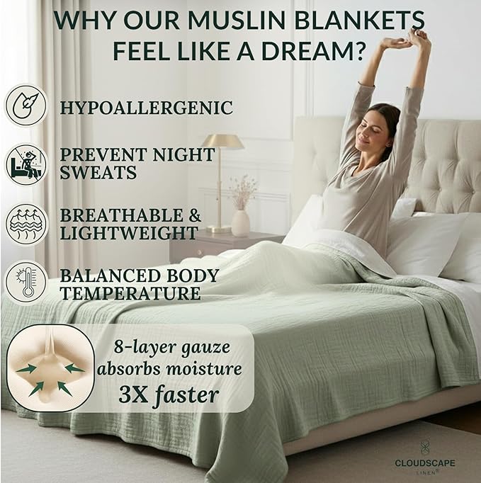 Cloud Scape Linen 100% Cotton 8 Layer Twin Size Muslin Blanket - Breatheable and Soft Winter Blanket for Bed, Couch and Sofa, Oversized Fits up to Twin XL, Best Gift Idea, 68x92, Sage Green