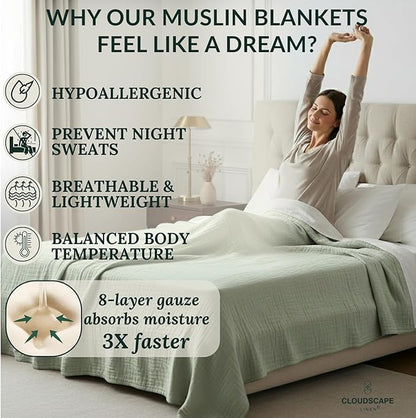 Cloud Scape Linen 8-Layer Muslin Blanket King Size for Adult - 100% Cotton, Breathable and Soft, Perfect Winter Cozy Blanket, Fits up to California King Bed, 92x108, Sage Green